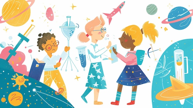 Photo illustrate a scene of children engaging in science