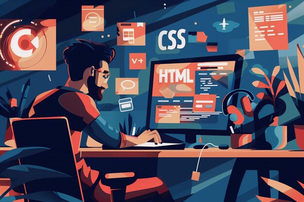 Photo illustration of web developer working on html and css coding in modern setup