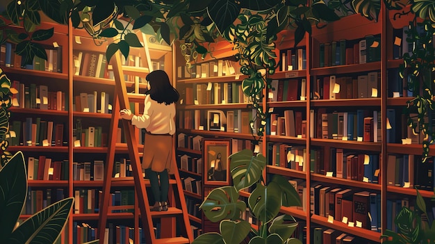 Photo illustrations of a person climbing a ladder in a cozy library book background flat cartoon style ai