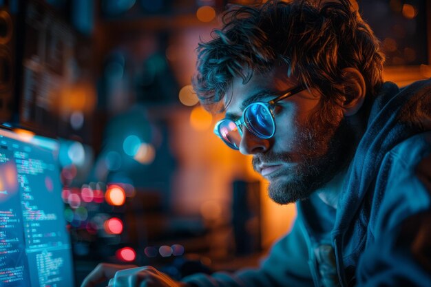 Photo an image of a blockchain developer coding new smart contracts on a laptop enhancing the functionali