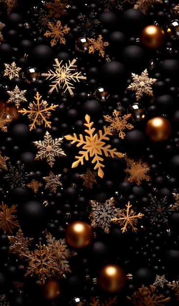 Photo image of golden christmas decorations with confetti in dark brown and black style