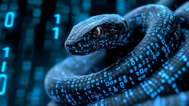 Photo an image of a snake surrounded by binary code which symbolizes python programming and data manipulation