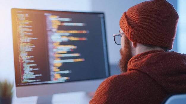 Photo immersed in coding a developers closeup while crafting html and css in a creative space