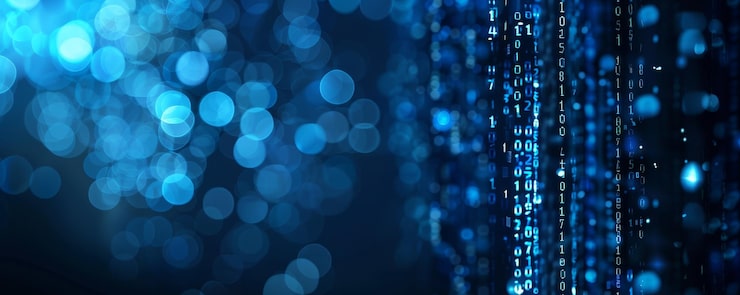 information technology and blue digital binary data network with coding and software algorithm programing as blue data flow abstract datum background banner