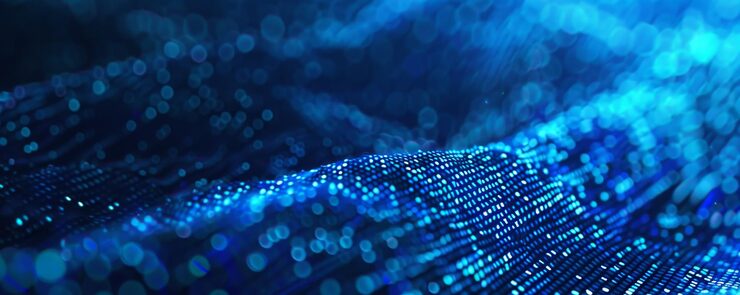 information technology and blue digital binary data network with coding and software algorithm programing as blue data flow abstract datum background banner