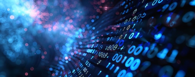 Photo information technology and blue digital binary data network with coding and software algorithm programing as blue data flow abstract datum background banner