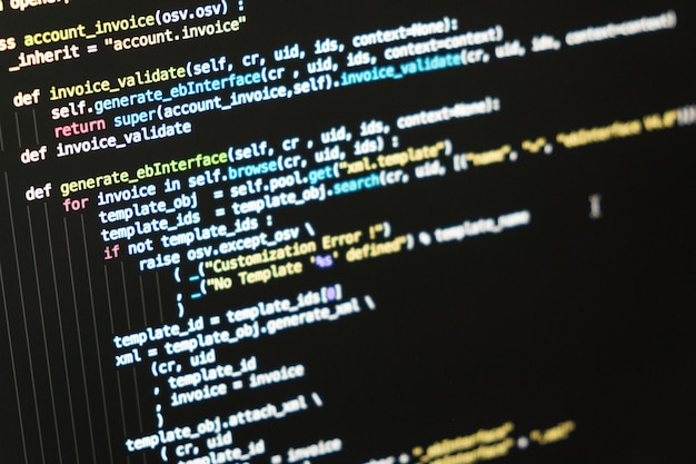 Photo information technology concept coding script text on screen programming code abstract screen