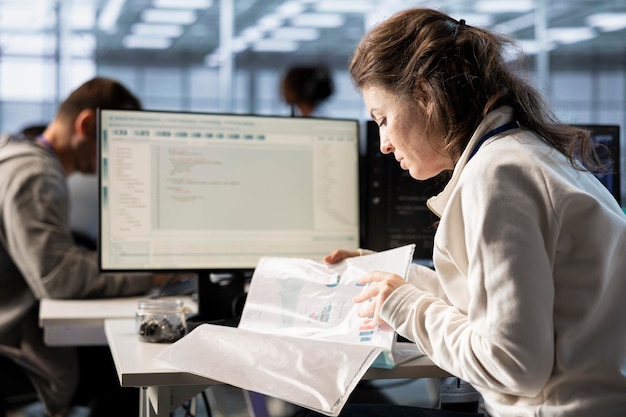 Photo inspector checking documents in server hub