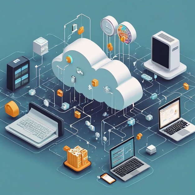Photo integrated cloud data system flow isometric illustration