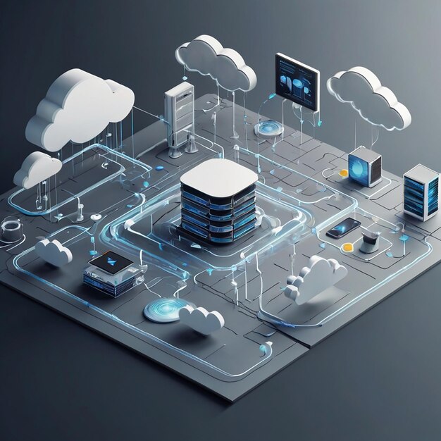 Photo integrated cloud data system flow isometric illustration