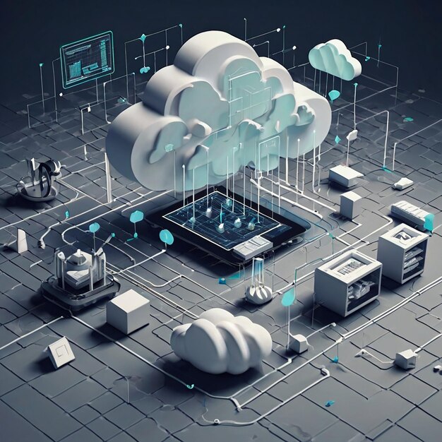 Photo integrated cloud data system flow isometric illustration