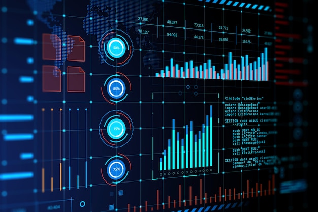 Photo interactive data analysis interface with graphs and metrics 3d rendering