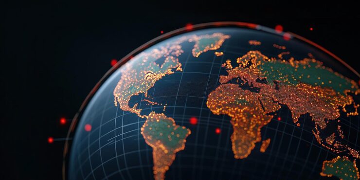 Interactive map of global e commerce activity closeup on realtime data points and transactions