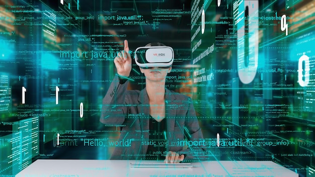 Photo it developer typing computer code for analyzing intelligent by vr contraption