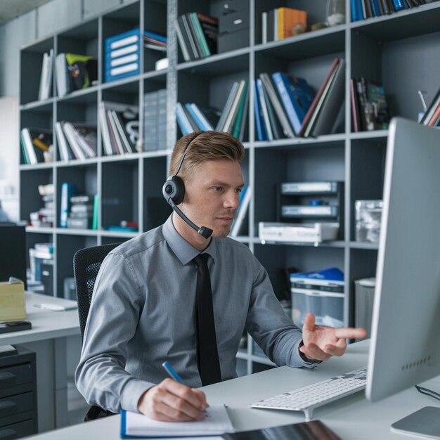 it service support agent taking notes while talking with custumer during online phone call at help