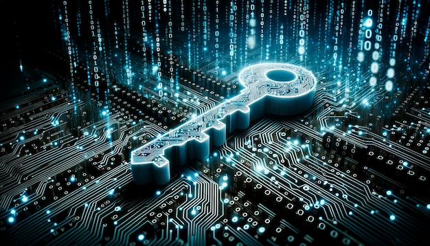 Photo key on circuit board background with binary code security concept generative ai