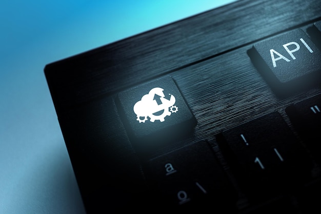 Photo keyboard with api acronym word icon to push button internet and technology concept