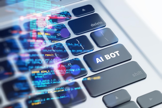 Photo keyboard with highlighted ai bot key and holographic programming code on a light background cyber technology concept 3d rendering