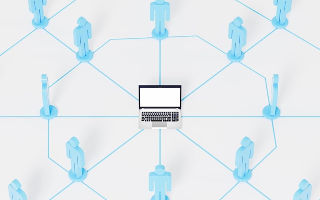 Photo a laptop computer is among the blue figurines network communication 3d rendering