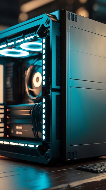 Photo a large computer with blue lights on the bottom