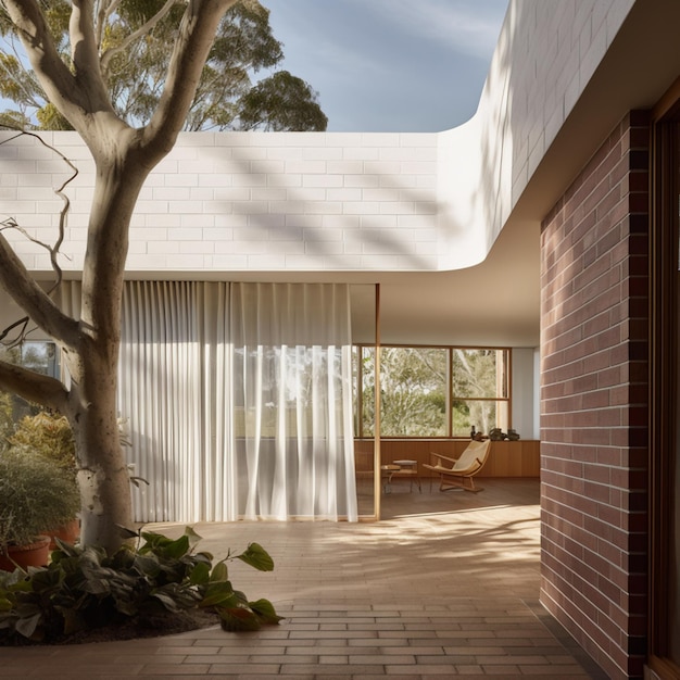a large tree in front of a house with a large window
