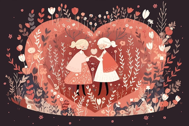 Photo lesbian anime couple inside floral heart illustration valentine romantic background