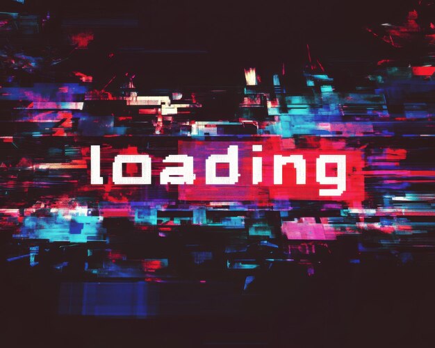 Photo loading text with vhs glitch effect creating a retro aesthetic and digital distortion