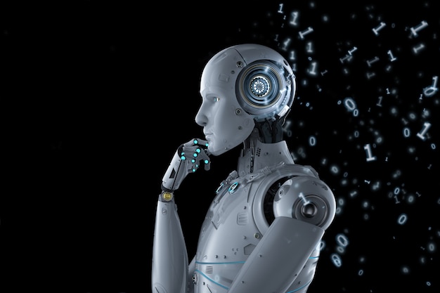 Photo machine learning concept with robot think with binary code