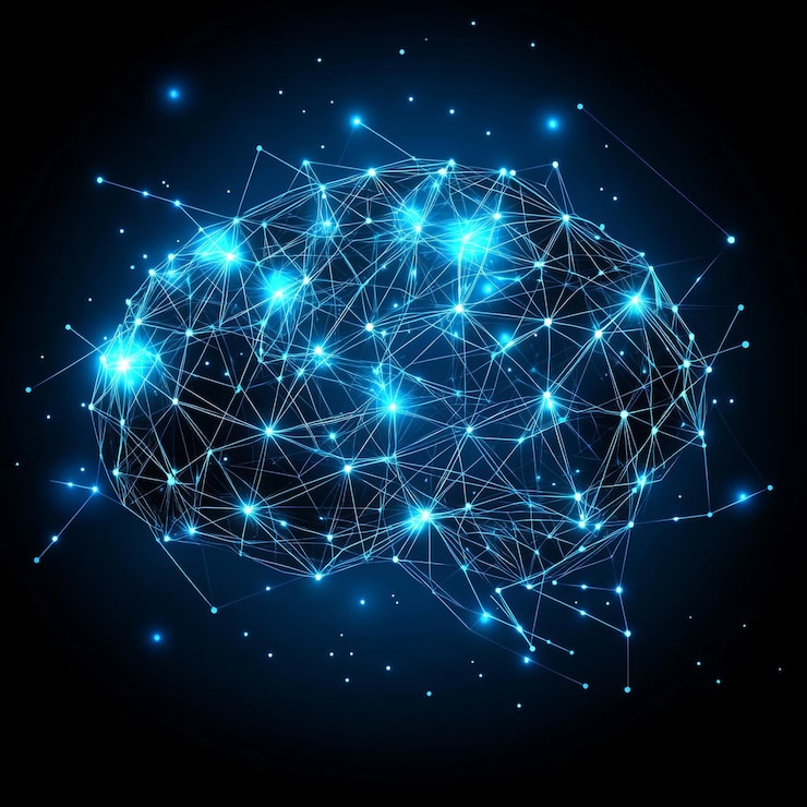 Machine learning stock AI deep learning blockchain and neural network concept A brain visualization with a shining wireframe net graphic on an abstract background 3d render