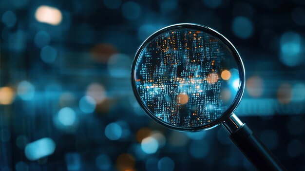 Photo magnifying glass revealing digital code