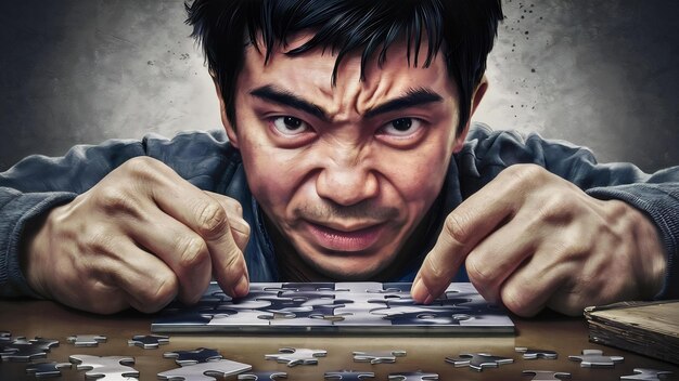 Photo making profile young frustrated man solving his mental problems