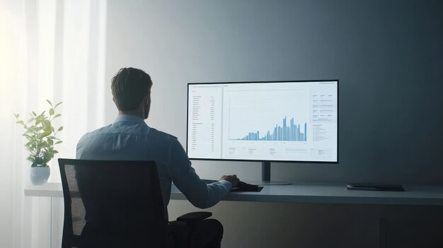 Photo man analyzing data graphs on desktop computer in modern home office