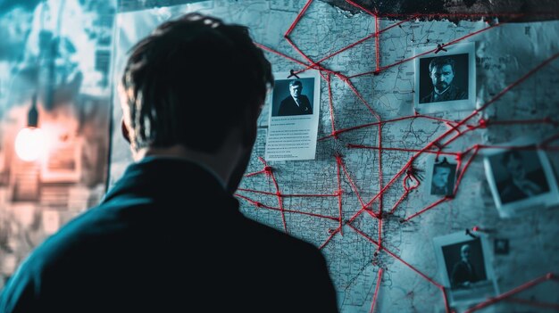 Photo man analyzing a map with red strings connecting pictures