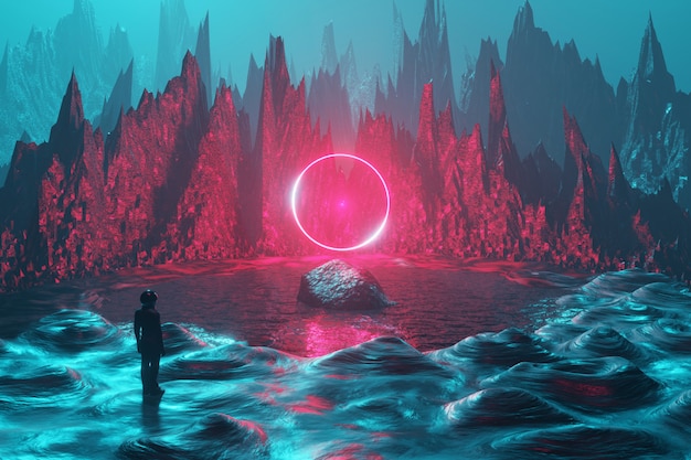 Photo a man, an astronaut, stands on the surface of an alien planet and looks at a circle of neon