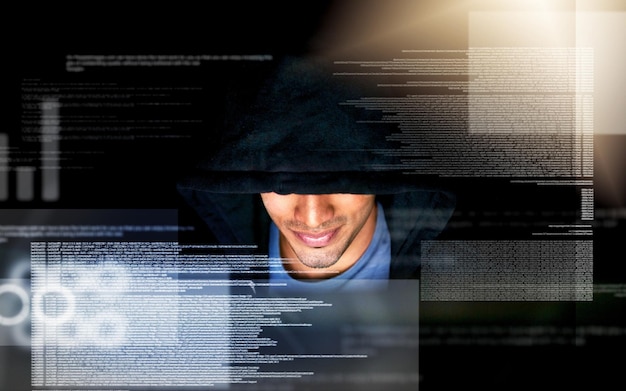 Photo man hacker and hologram with malware and virus installation for firewall bypass and hub database overlay and dashboard with digital coding and programming and cyber security crime on software