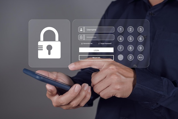 Photo man hand press smartphone with scan the protection system cyber security scanning allows access input username and password for or technology security system and prevent hacker concept