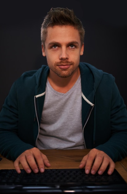 Photo man keyboard for coding and programmer typing information technology with video game or software development internet computer programming and face with gamer or developer for cyber security