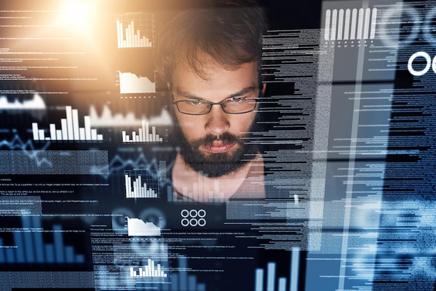 Photo man overlay and programming with coding database and analysis for cyber security and software development male person programmer and information technology during night for cloud computing data