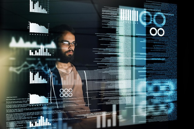 Photo man overlay and programming with coding software and analysis for cybersecurity and ecommerce development male person programmer and information technology during night for cloud computing data