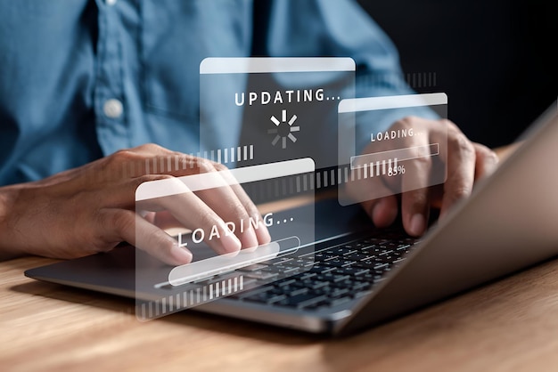 Photo man programmer update software system with loading information upgrade version system business technology internet with installing the update for the quality better