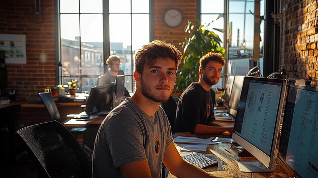 Photo a man sits in front of a computer with a clock on the wall behind him