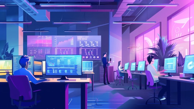 Photo man sitting at desk in front of computer monitors