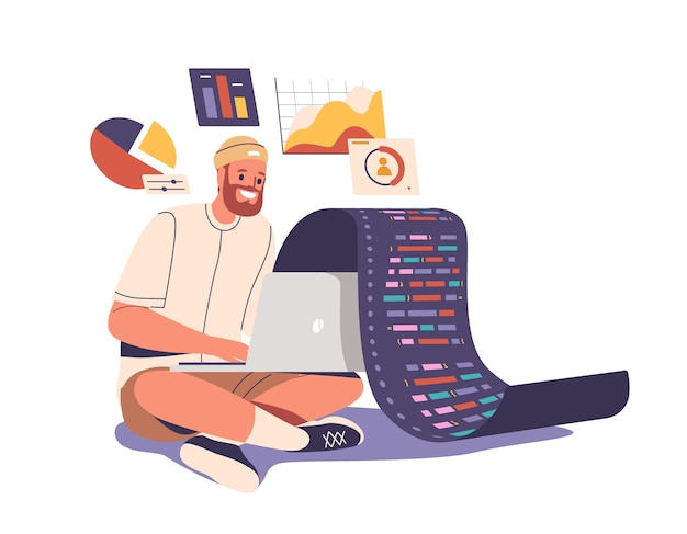 Photo man software developer character engaged in website optimization testing code collecting statistic