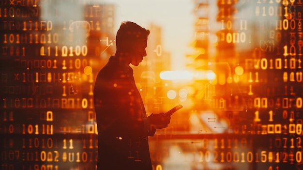 a man standing in front of a binary code background holding a tablet with a binary code overlay