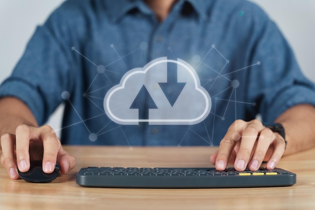 Photo man using computer with virtual cloud computing with connection line cloud computing system