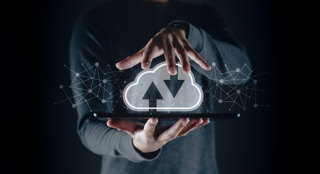 Photo man using digital tablet with virtual cloud computing with connection line cloud computing system