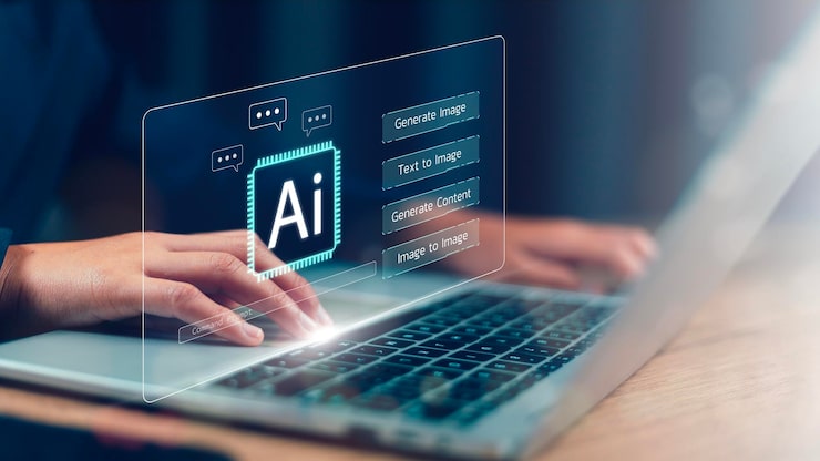 Man using hand AI Artificial Intelligence to generate content Text to image smart AI by entering command prompt for generates something Futuristic technology Business transformation