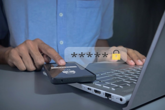 Photo man using smartphone to login for validate password to twostep authentication encrypted data