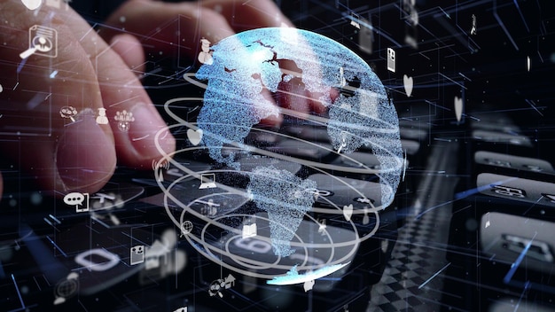 Photo man working on computer keyboard with graphic of internet network modernization