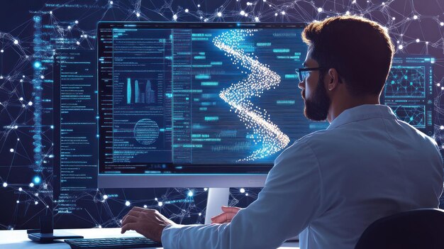 Photo a man working on a computer with a graphic of a brain drawn on the screen